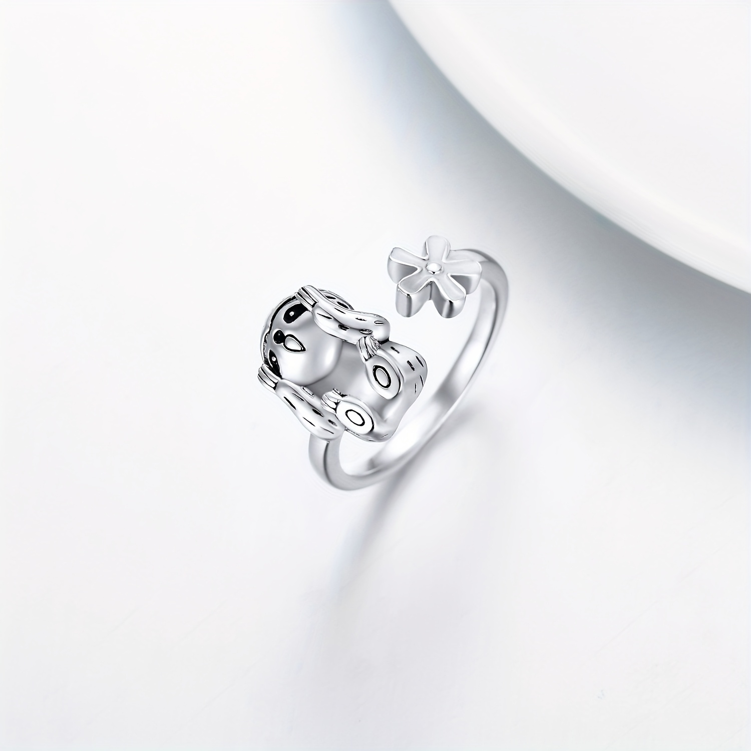 Women's Adjustable 925 Sterling Silver Sloth Open Ring with Flower